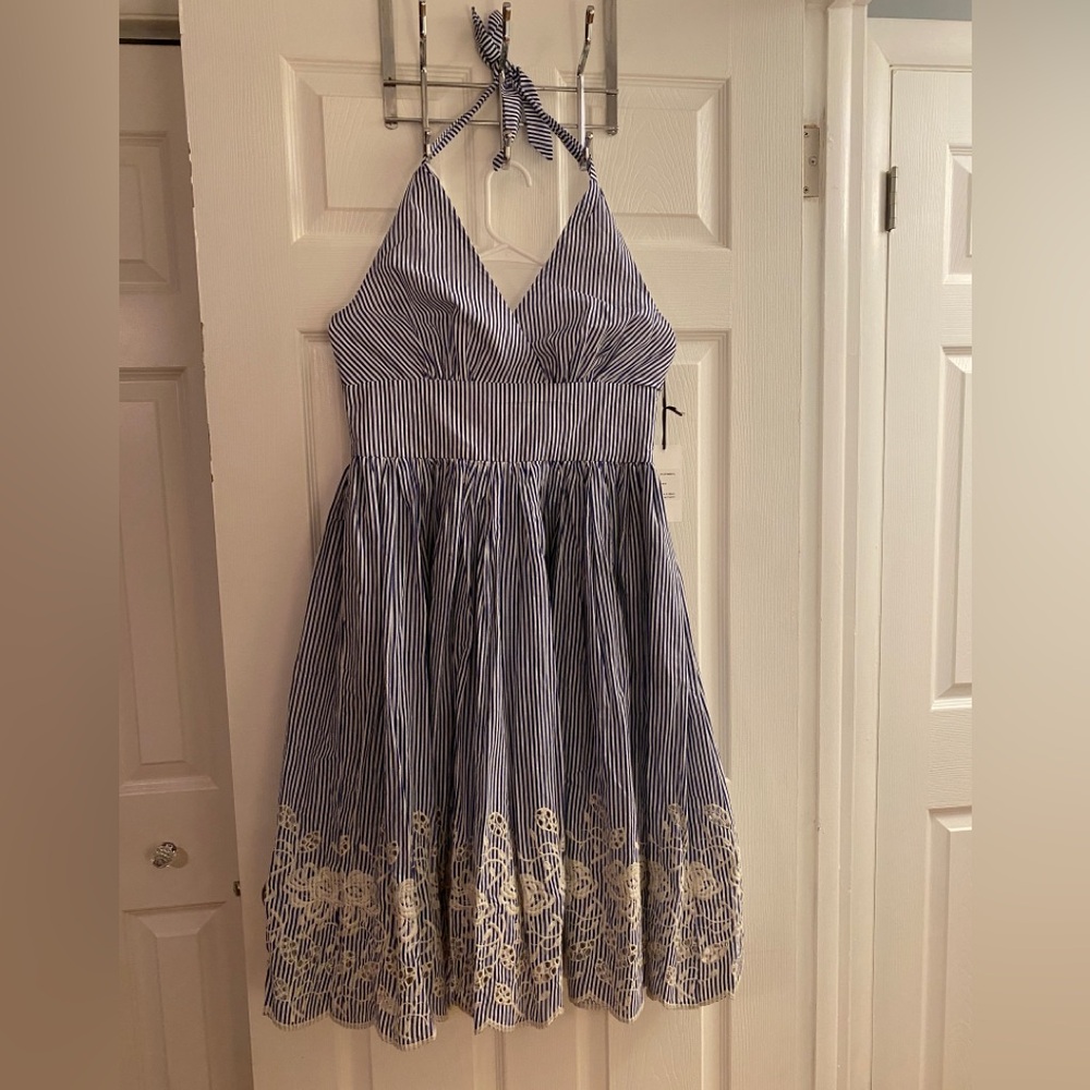 Unique Vintage Blue and White Striped Halter Dress with Embroidered Eyelet Trim